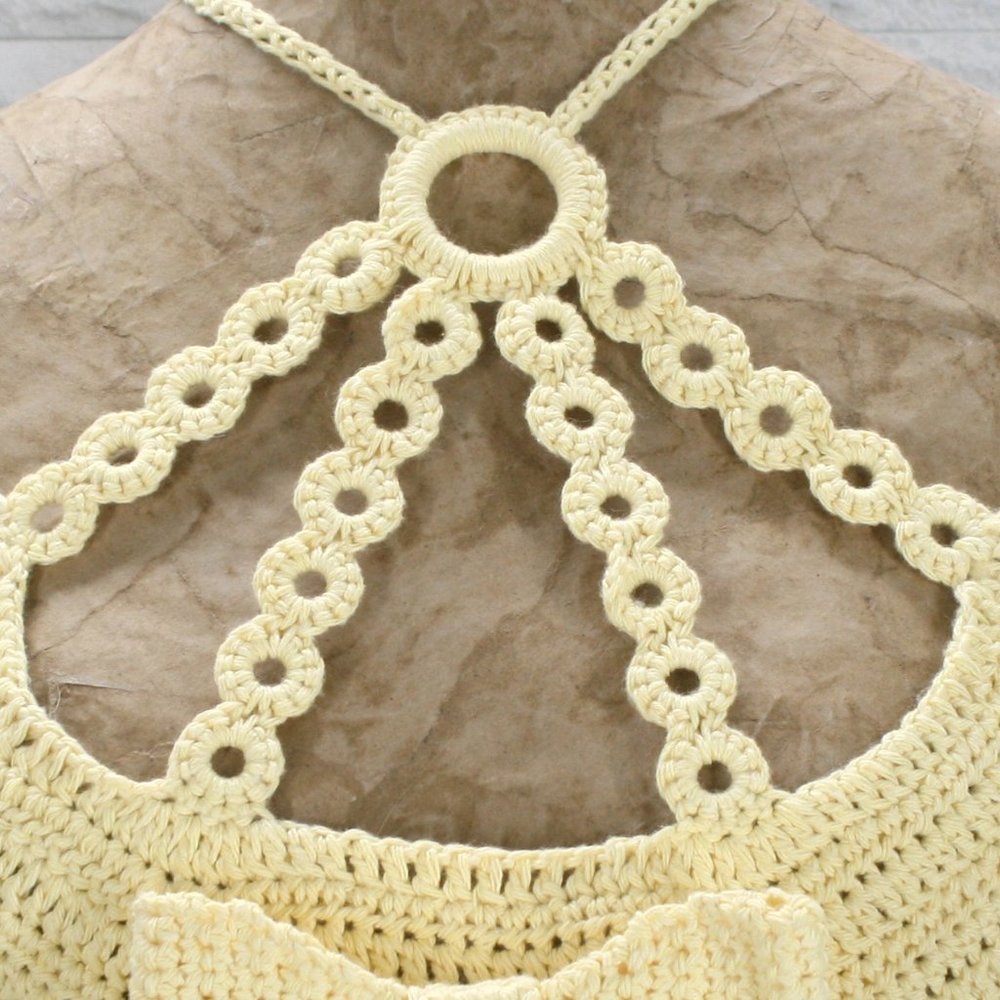 HAND CRAFTED Crop Top Crochet Halter Bow Cut Out Circles Bralette Yellow Cotton - Picture 3 of 14